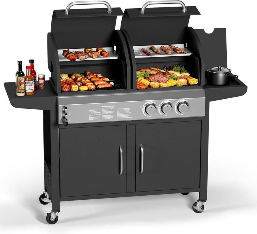 Danky Professionele Combinatie Grill 3 Branders Gas & Houtskool BBQ met Zijbrander 24.000 BTU Rook Grill RVS Buitenkeuken Grill voor Tuin & Party