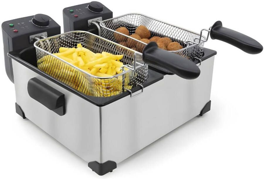 DD Friteuse Dubbel Dubbele Frituurpan 3600W Koude Zone Friteuse 2 x 3 Liter RVS 53 x 41 x 22cm