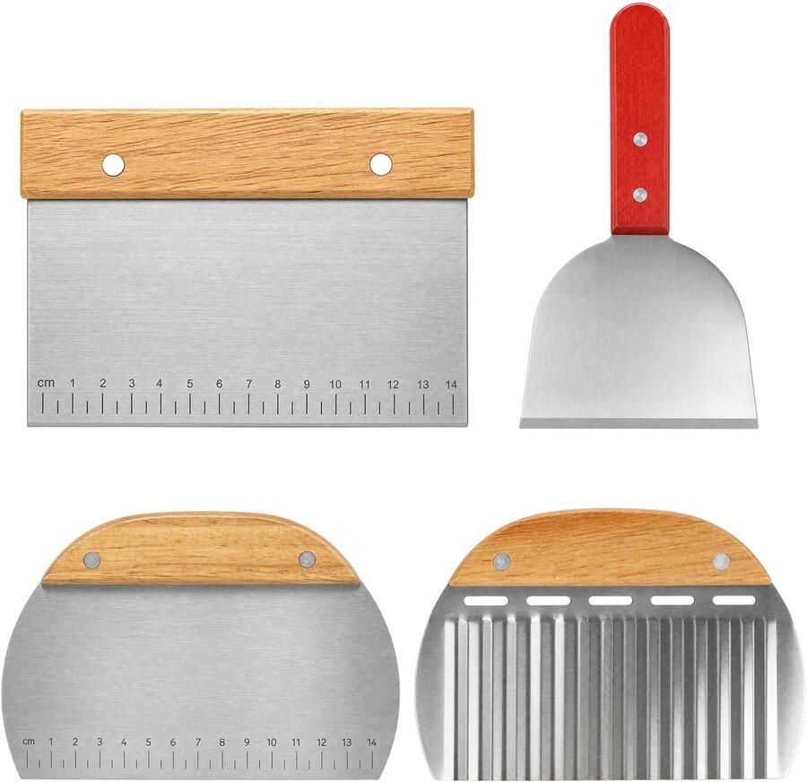 Deegschraperset 4 stuks RVS Met houten handvat
