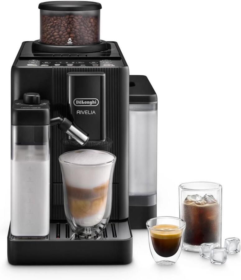 De'Longhi De Longhi Rivelia Start – Volautomatische Espressomachine gemakkelijk bonen wisselen automatisch melkschuim & cold brew functie 10 warme en koude dranken Onyx Black EXAM420.55.BXL