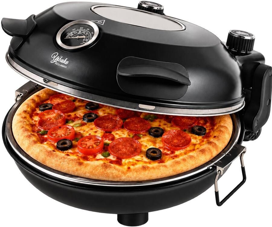 DeltaMerch Elektrische Pizza Oven 1200W – Pizzasteen 31 cm – 5 Standen – Boven- & Onderwarmte Regelbaar Kijkvenster Zwart