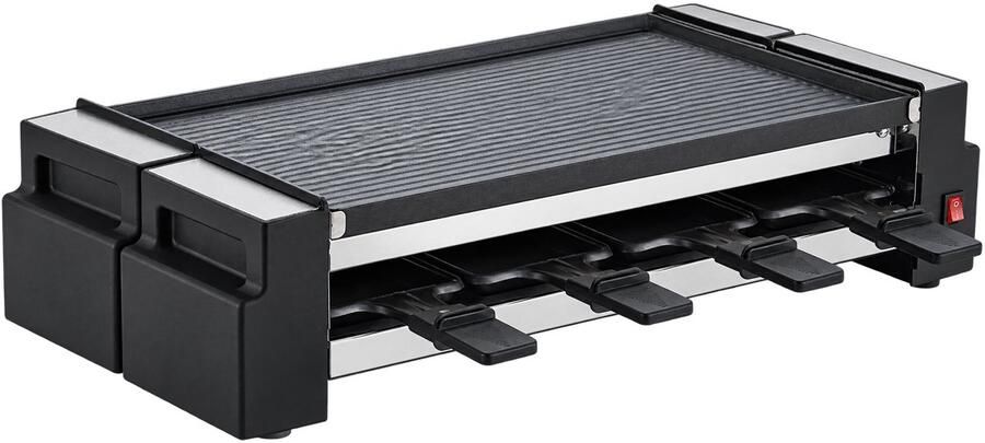 DeltaMerch Gourmetstel Gourmetset Tafelgrill Raclette Grill 8 pers. – Omkeerbare Grillplaat – Antiaanbaklaag RVS Zwart