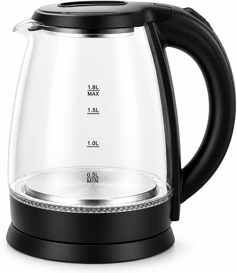 DeltaMerch Waterkoker Glas 1.8L – 1500W – Blauw LED Licht – Automatische Uitschakeling – Droogkookbeveiliging RVS Zwart