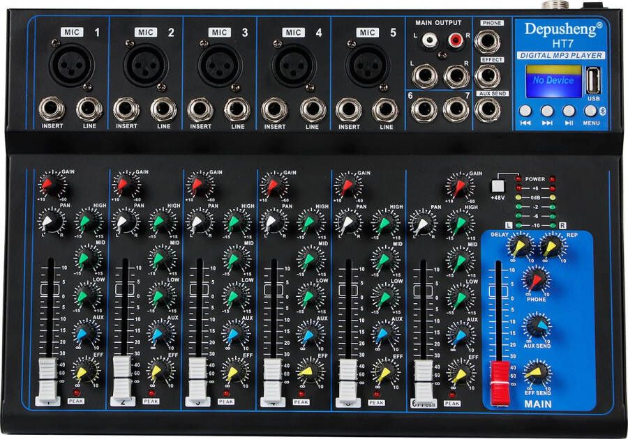 Depusheng HT7 Draagbare bluetooth-audio-mixer mengpaneel met USB-DJ-sound-mengconsole MP3-aansluiting 48 V power 7-kanaals band audiomixer mengpaneel