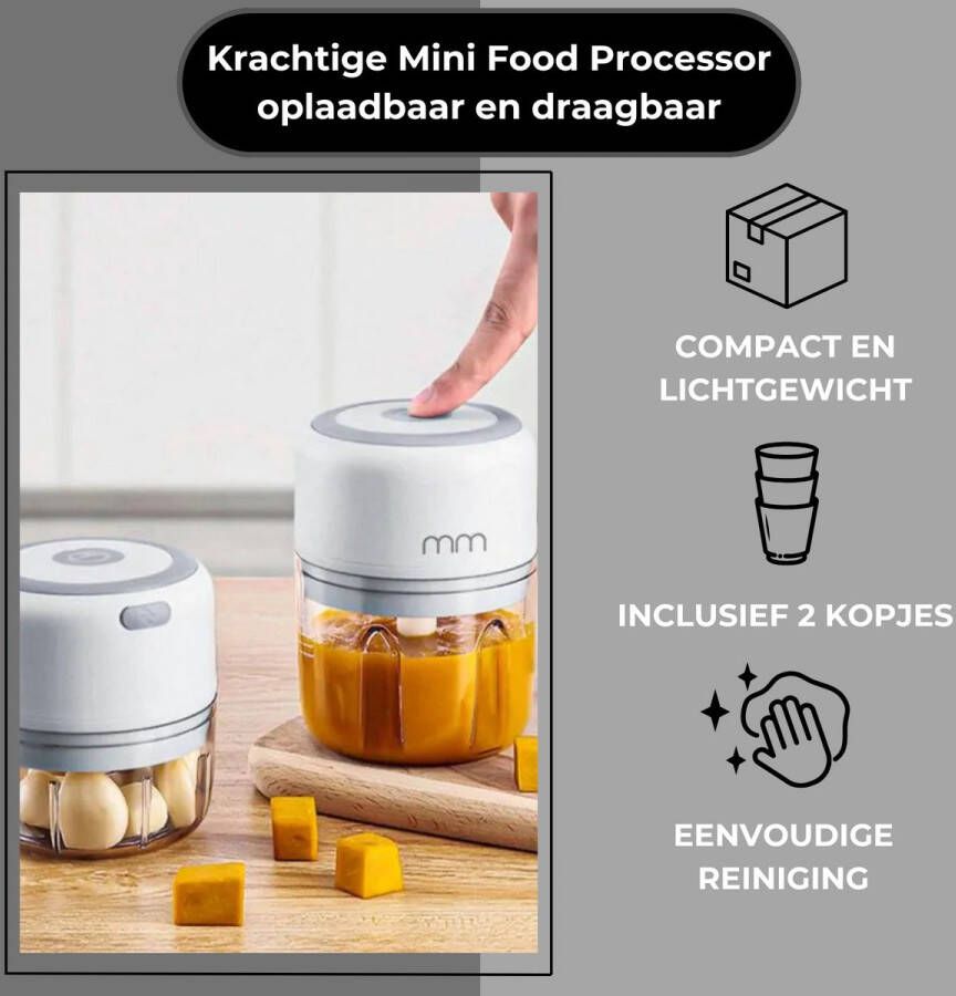 Designed By Man Oplaadbare Mini Food Processor – Compact Keukenapparaat met 2 Maatbekers & Roestvrijstalen Messen