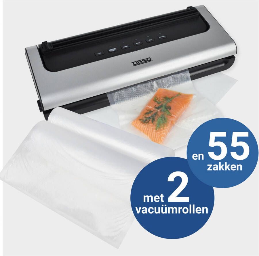 Desq 7910 Vacumeermachine Set met 55 Vacuümzakken en 2 Vacuümrollen 28 x 600cm 5 standen Droog Vochtig Drukgevoelig Voedsel Rolsnijder Sterke 60 KPA zuigkracht