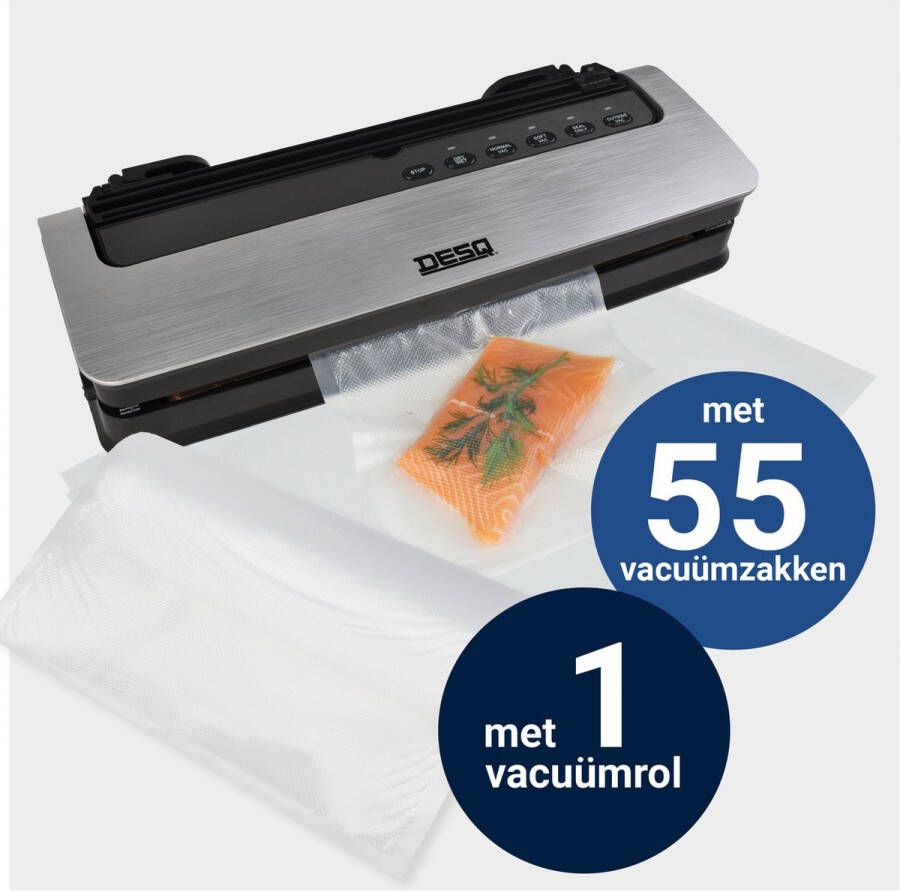 Desq 8000 Vacumeermachine Set 55 Vacumuürzakken 1 Vacuümrol 20 x300cm 5 standen Droog Vochtig Drukgevoelig Voedsel Rolhouder Sterke 80 KPA zuigkracht Dubbele Verwarmingsstrip Rolsnijder