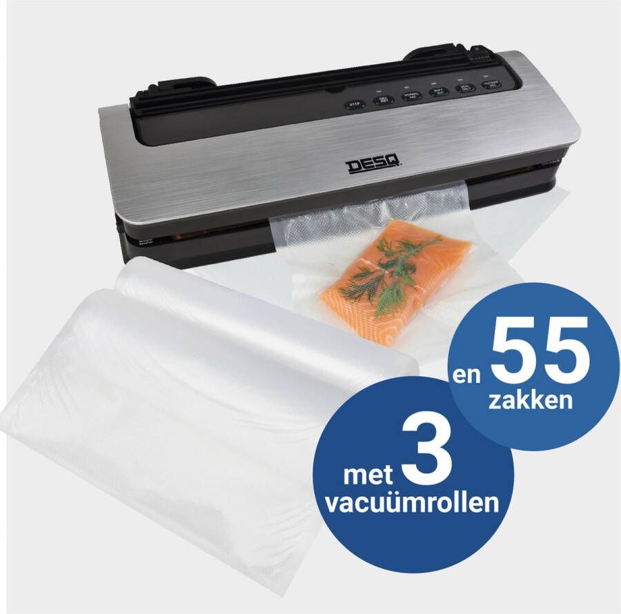 Desq 8000 Vacumeermachine SET met 55 Vacuümzakken en 3 Vacuümrollen- 5 standen Droog Vochtig Drukgevoelig Voedsel Rolhouder Sterke 80 KPA zuigkracht Dubbele Verwarmingsstrip Rolsnijder