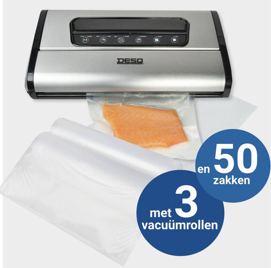 Desq 8090 Vacumeermachine Set met 3 vacuümrollem + 50 Vacuümzakken Pro -90 kPa 14 liter High Speed Dubbele Pomp Dubbele Verwarmingsdraden 7 standen Rolhouder Rolsnijder Vacuümslang