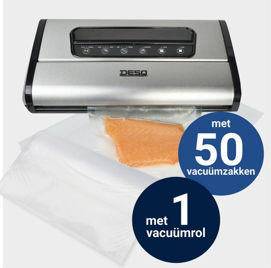 Desq 8090 Vacumeermachine Set met 50 Vacuümzakken Pro -90 kPa 14 liter High Speed Dubbele Pomp Dubbele Verwarmingsdraden 7 standen Rolhouder Rolsnijder Vacuümslang- Vacumeerrol