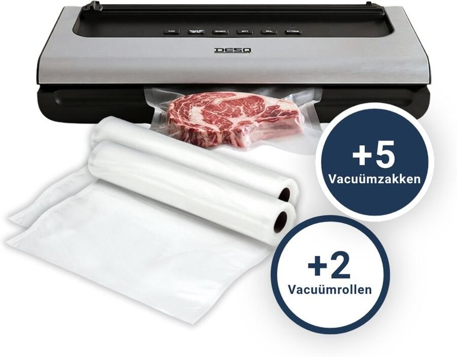 Desq 7910 Automatische Vacumeermachine – Vacuüm Sealer – Inclusief 5 Vacuümzakken + 2 Vacuümrollen (28 × 600 cm) – 5 Programma's – Pulse Functie – Krachtige 0 6 Bar Vacuümdruk – Rolsnijder – Uitneembaar Vochtopvangbakje