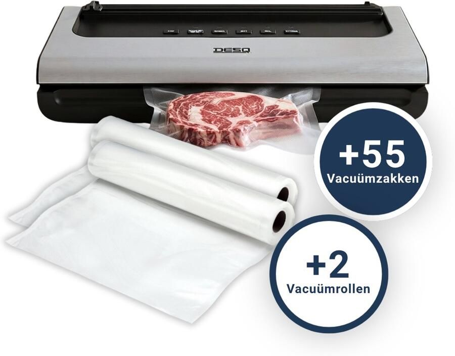 Desq 7910 Automatische Vacumeermachine – Vacuüm Sealer – Inclusief 55 Vacuümzakken + 2 Vacuümrollen (28 × 600 cm) – 5 Programma's – Pulse Functie – Krachtige 0 6 Bar Vacuümdruk – Rolsnijder – Uitneembaar Vochtopvangbakje