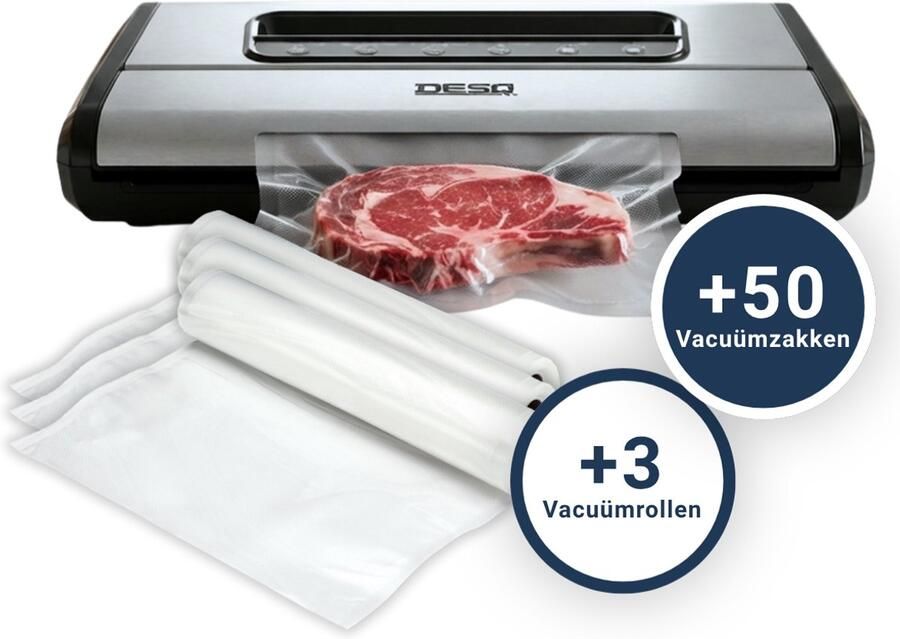 Desq 8090 Vacumeermachine Set met 3 vacuümrollem + 50 Vacuümzakken Pro -90 kPa 14 liter High Speed Dubbele Pomp Dubbele Verwarmingsdraden 7 standen Rolhouder Rolsnijder Vacuümslang