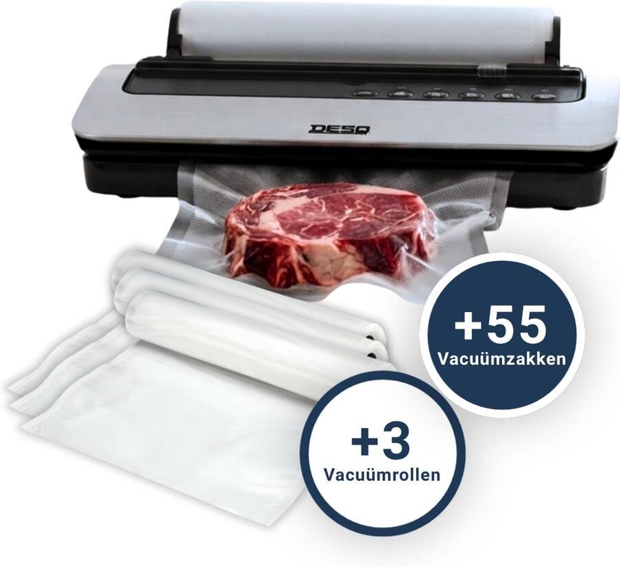 Desq Vacumeermachine Automatisch Vacuümapparaat 5 Programma's 80 kPa Zuigkracht Dubbele Verwarmingsdraden Rolhouder & Rolsnijder Vacuümslang Inclusief 55 Vacuümzakken & 3 Vacuümrollen