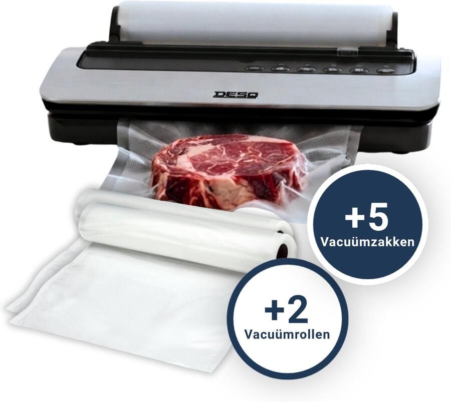 Desq Vacumeermachine Automatisch Vacuümapparaat 5 Programma's 80 kPa Zuigkracht Dubbele Verwarmingsdraden Rolhouder & Rolsnijder Vacuümslang Inclusief 5 Vacuümzakken & 2 Vacuümrollen