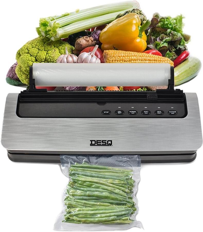 Desq Vacumeermachine 5 standen Snijder en Rolhouder Sterke 80 KPA Zuigkracht Dubbele Verwarmingsstrip Slangaansluiting 5 x Vacumeerzakken 3 meter Vacumeerrol Vacuum Sealer voor droog vochtig drukgevoelig voedsel Vacuummachine