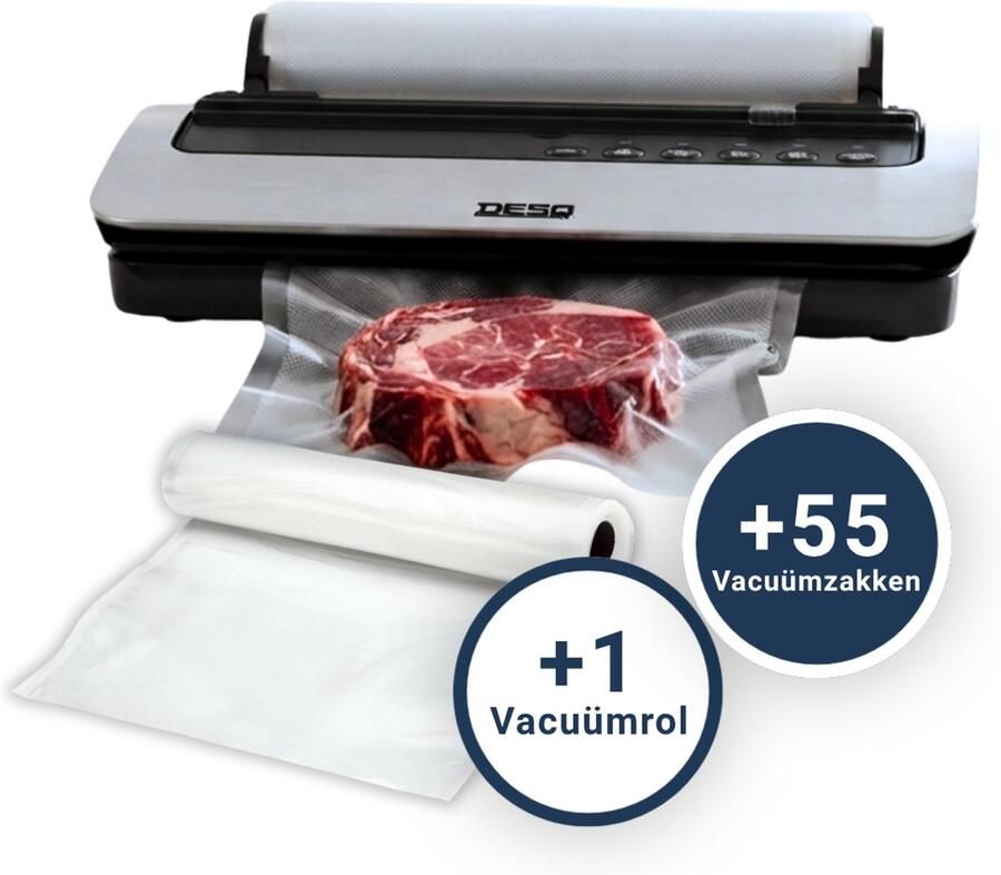 Desq 8000 Vacumeermachine Set 55 Vacumuümzakken 1 Vacuümrol 20 x 300cm 5 standen Droog Vochtig Drukgevoelig Voedsel Rolhouder Sterke 80 KPA zuigkracht Dubbele Verwarmingsstrip Rolsnijder