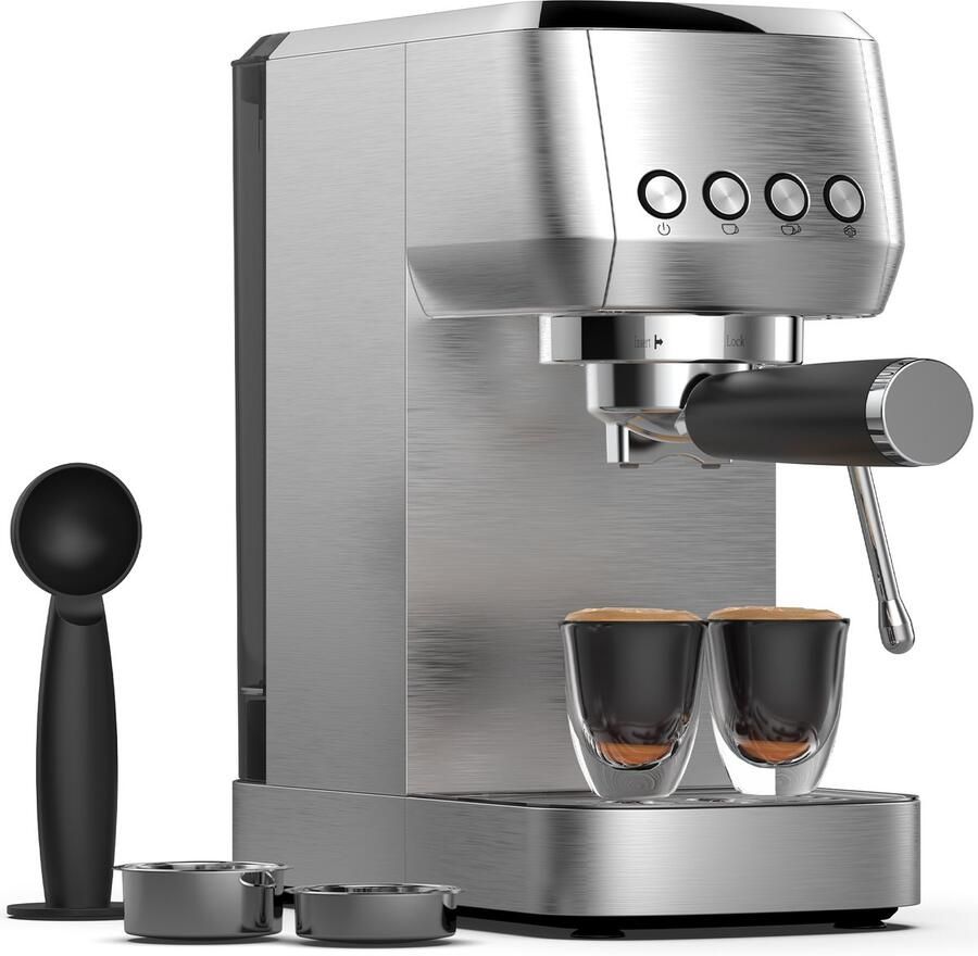 Dewelling 20 Bar Espressomachine RVS – Professioneel Ontwerp met Melkopschuimer 1350W en 1 3L Watertank – Ideaal voor Latte Cappuccino en Thuis Barista s