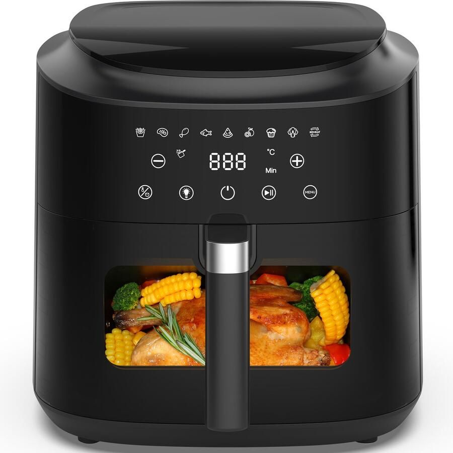 Dewelling AF80D10-2 Heteluchtfriteuse met kijkvenster – XXL 9L Airfryer 2350 W 360° heteluchtcirculatie 9 voorgeprogrammeerde instellingen schudherinnering