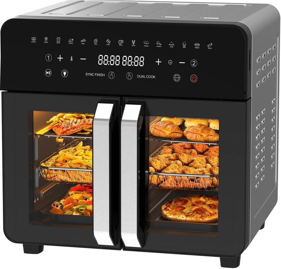 Dewelling AFTO-2301DT XXL Two Zone Airfryer 23L– Super Grote Heteluchtfriteuse met Verwijderbare Tussenschot 2200W Dubbele Franse Deuren 12 Accessoires 15 Programma s