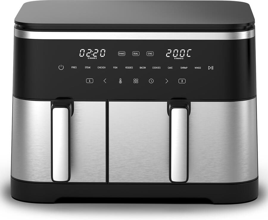 Dewelling Airfryer 11L XXL Heteluchtfriteuse met Dubbele Zone (4L+7L) 2600W Touchscreen 10 Kookfuncties Shake Herinnering 85% Minder Vet Vaatwasbestendig