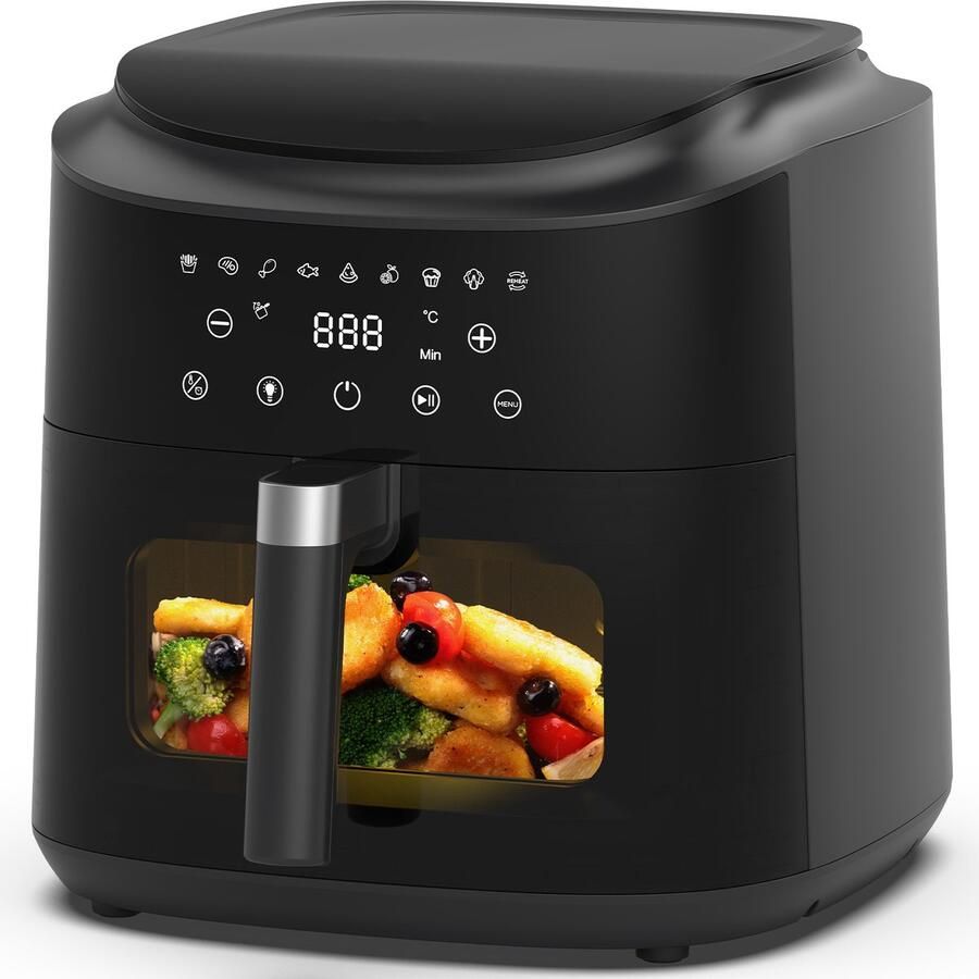 Dewelling Airfryer AF80D10W met Venster 2350W XXL 9L Heteluchtfriteuse voor Gezin 360° Snelle Luchtcirculatie 9 Automatische Programma s Schudmelding 40–200°C