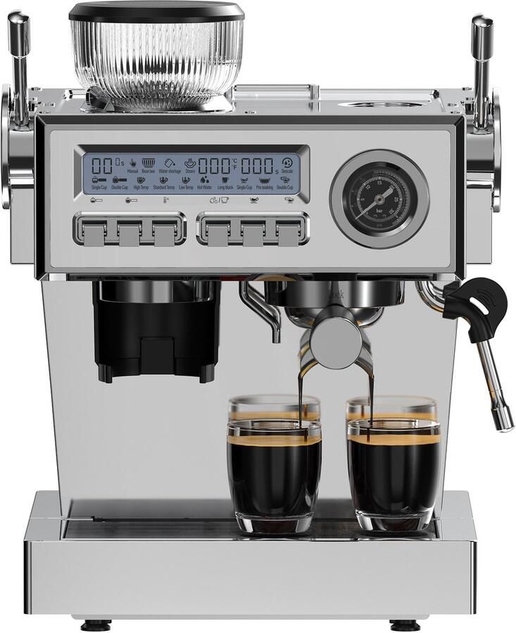 Dewelling CM1610 piston-espressomachine van roestvrij staal met geïntegreerde koffiemolen 20 bar Ulka-pomp dual boiler barista-hendel one-touch-functie stoompijp manometer & kopjesverwarmer