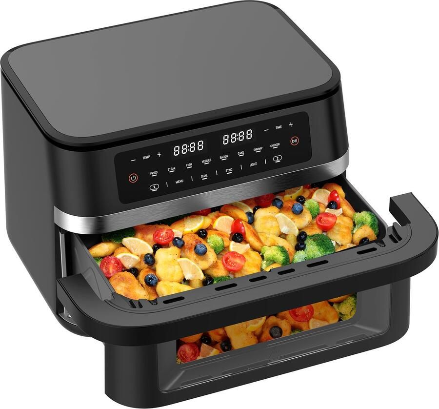 Dewelling DUAF-LR-100A Heteluchtfriteuse Dual Zone 11L XXL – Krachtige Airfryer met Dubbele Kamer & Uitneembare Scheidingswand Vetvrije Friteuse 2950W Zichtvenster & Touchscreen