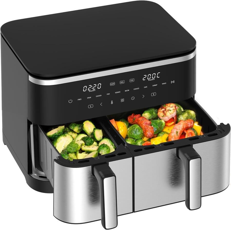 Dewelling Dual Zone Airfryer Heteluchtfriteuse 11L 2600W Touch Control 4L 7L 10 Programma's Airfryer Shake Functie Vetreductie Tot 85% Vaatwasbestendig