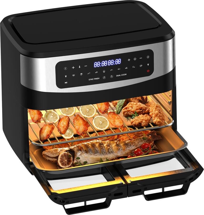 Dewelling KDFO-5511DTW XXL 12L Two Zone Airfryer met afneembare scheidingswand – 2600W Heteluchtfriteuse met zichtvenster