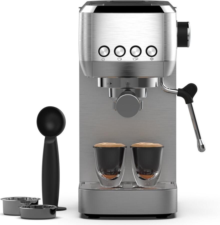 Dewelling Professioneel Espresso Apparaat 20 Bar – RVS Design Klassieke Drukknoppen Automatische Melkopschuimer en 1 3L Watertank – 1350W voor de Perfecte Latte en Cappuccino