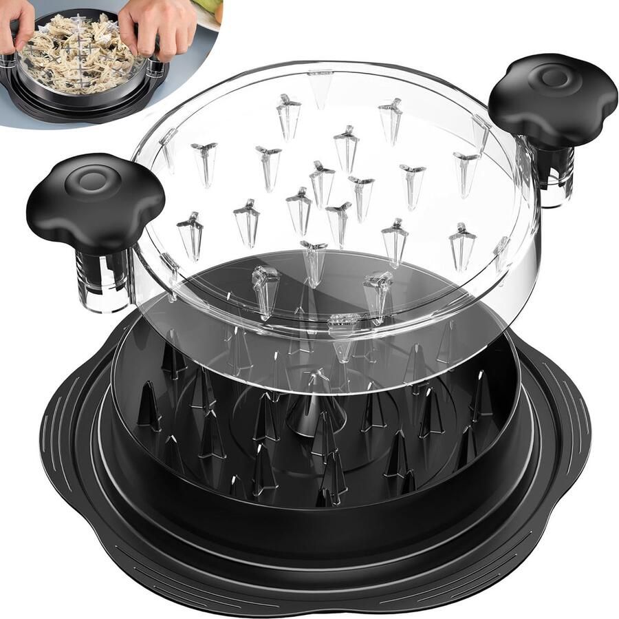 Dewelling Vleesmolen Kipfilet Shredder – Vlees Versnipperaar met Deksel – Handmatige Pulled Chicken Maker – Inclusief Borstel & Vork – Zwart – 25 cm