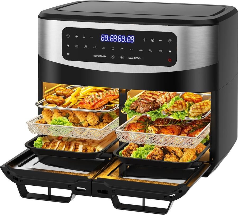 Dewelling XXL 12L Airfryer KDFO-5511DTW – 2600W Multifunctionele Heteluchtfriteuse met Dubbele Zone Onafhankelijk Koken Verwijderbare Tussenwand Dubbel Gelijktijdig Koken Met Kijkvenster 10 Vooraf ingestelde Menu's 50–200°C