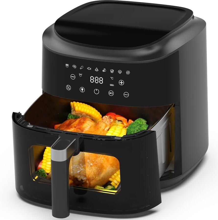 Dewelling XXL 9L AF80D10W Heteluchtfriteuse met kijkvenster – 2350 W Airfryer 360° Luchtcirculatie LED-Touchscreen 9 Programma s Schudherinnering