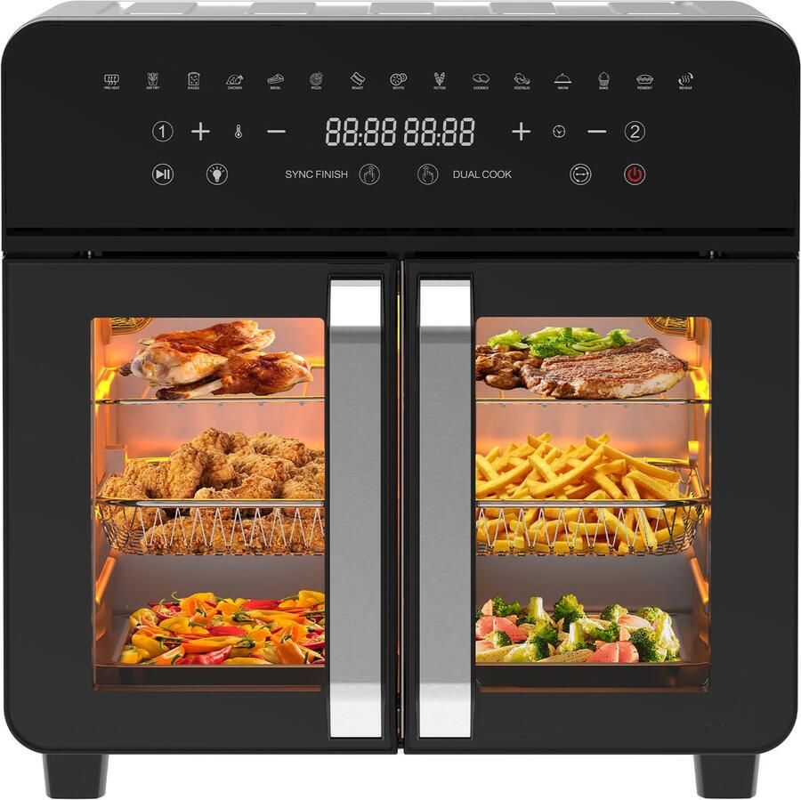 Dewelling XXL Airfryer AFTO-2301DT Heteluchtfriteuse 23L met 2 Zones Verwijderbare Tussenschot Franse Deuren 15 Programma s 2200W Inclusief 12 Accessoires
