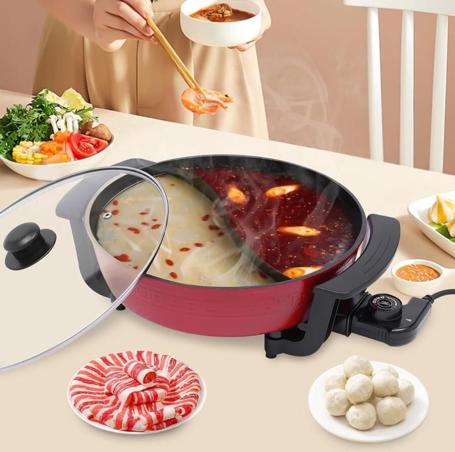Dexo Hotpot Pan Hotpot Electrisch Chinese Fondue Multifunctionele Pan 6L Rood 42cm x 17cm x 9cm