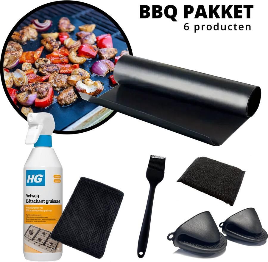 Dietrix BBQ Pakket BBQ mat grillmat HG Vetweg vetvrije spray HG schoonmaakboek bakkwast ovenhandschoen ovenwantjes bbqen grillen vaderdag bbqmat ovenmat siliconen zwart schuurspons spons bbqspons