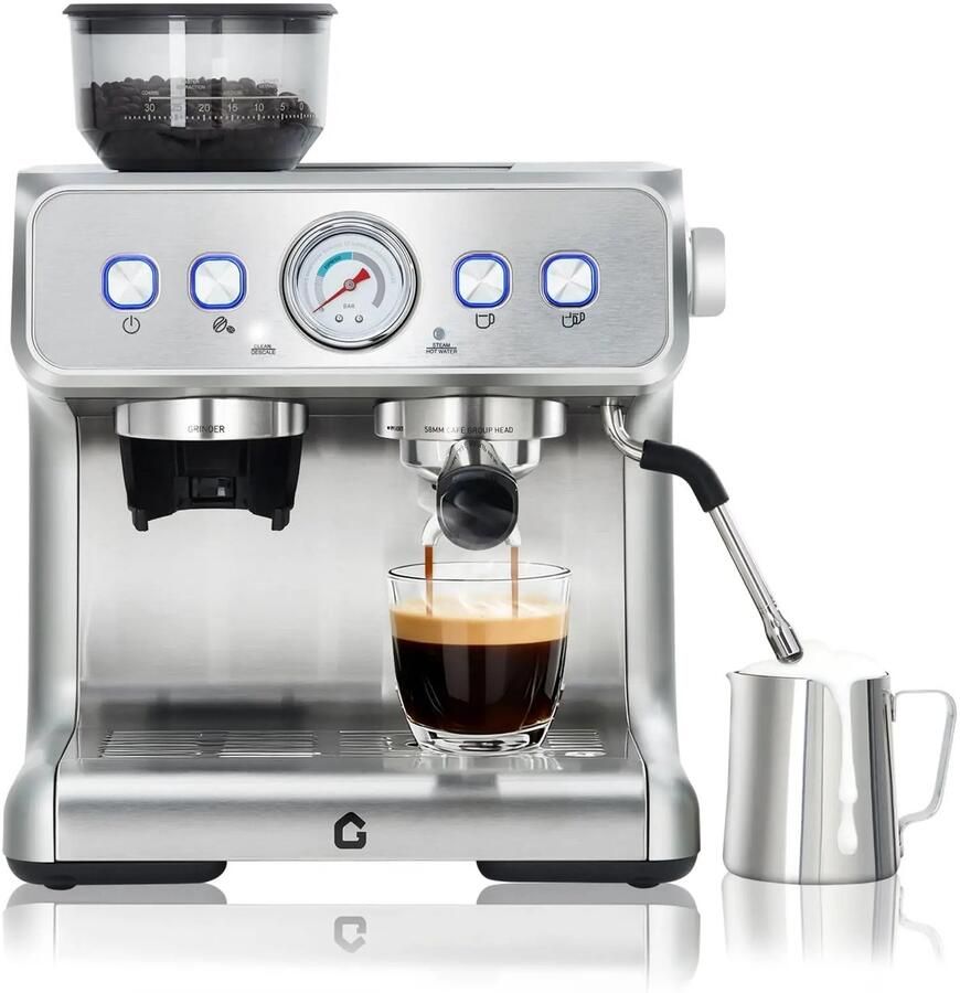 Dimico 20 Bar Espressomachine met Koffiemolen en Melkopschuimer Espressomachines – RVS Koffiemachine 2 8L met Instelbaar Shotvolume voor Espresso Cappuccino en Latte
