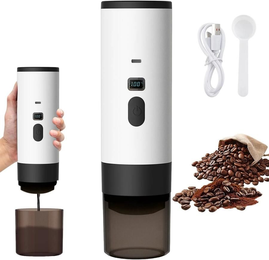 Dimico Draagbaar reis koffiemachine 3-in-1 mini koffiezetapparaat Espresso maker Wit Voor capsules en gemalen koffie LED-display 90ML watertank 15bar