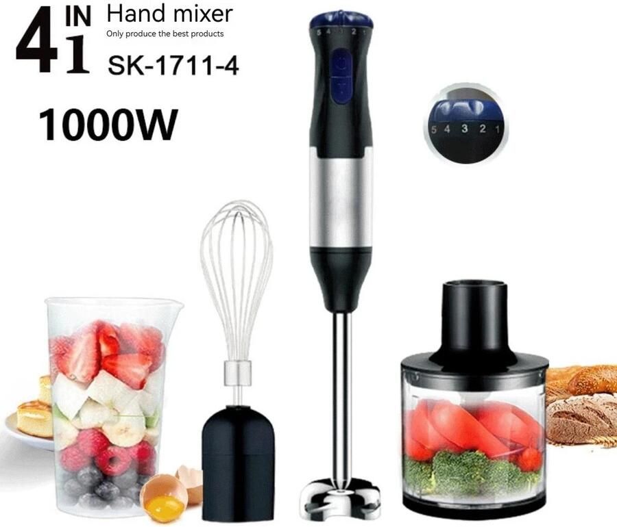 Dimico Staafmixer Set 4-in-1 Staafmixers Handblender 1000W Met Garde en Maatbeker 5 Snelheden Mixen Pureren Hakken Kloppen