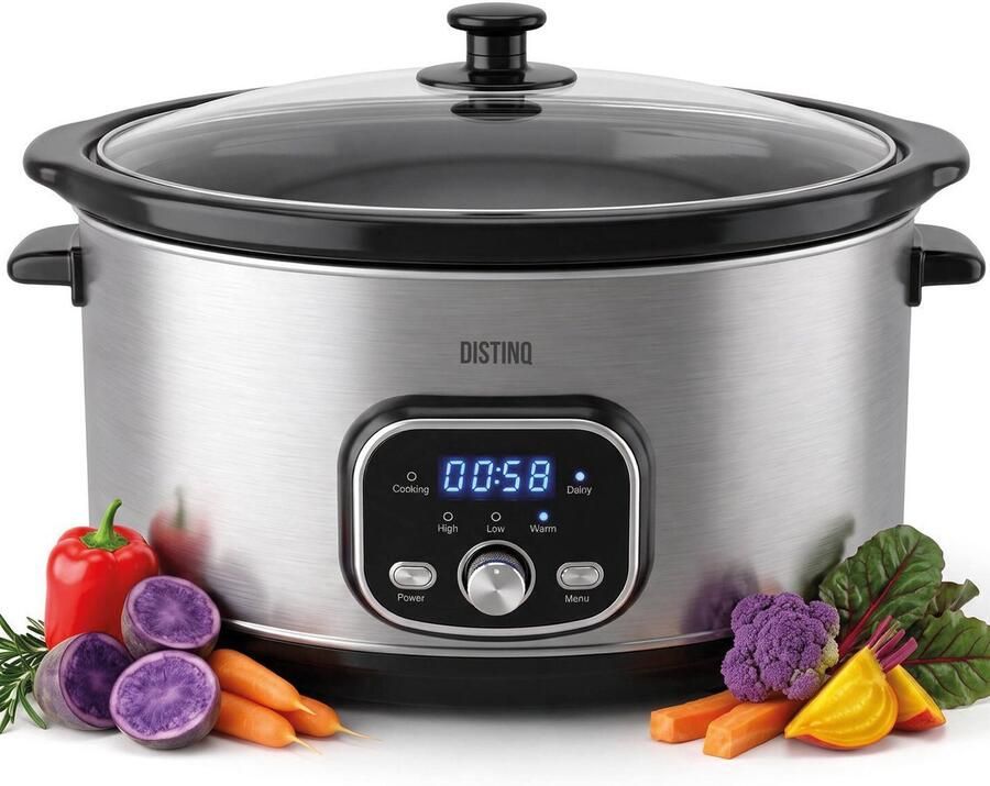 DistinQ Slowcooker 8 Liter 320 Watt Warmhoudfunctie Keramische Binnenpan Zilver Kerstcadeau
