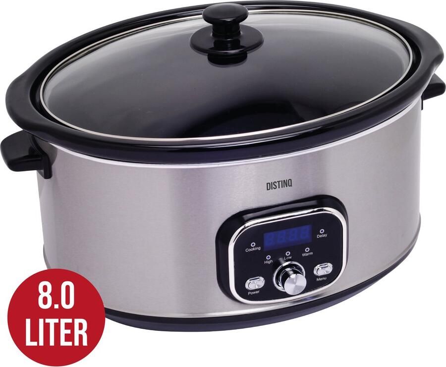 DistinQ Slowcooker 8 Liter 320 Watt Warmhoudfunctie Keramische Binnenpan Zilver Kerstcadeau - Foto 2