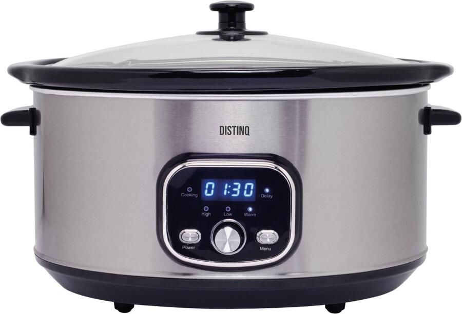 DistinQ Slowcooker 8 Liter 320 Watt Warmhoudfunctie Keramische Binnenpan Zilver Kerstcadeau