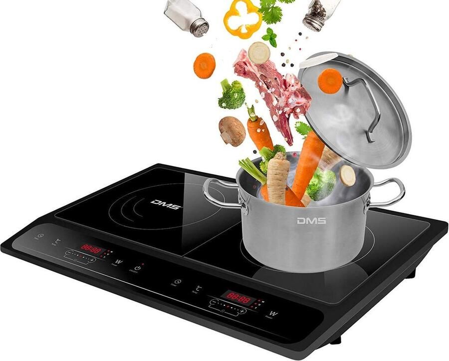 DMS DIC-3500 Dubbele Inductiekookplaat 3500W Vrijstaand Touch Control Timer 4u 10 Temperatuurstanden Geschikt voor pannen 12-22 cm Zwart