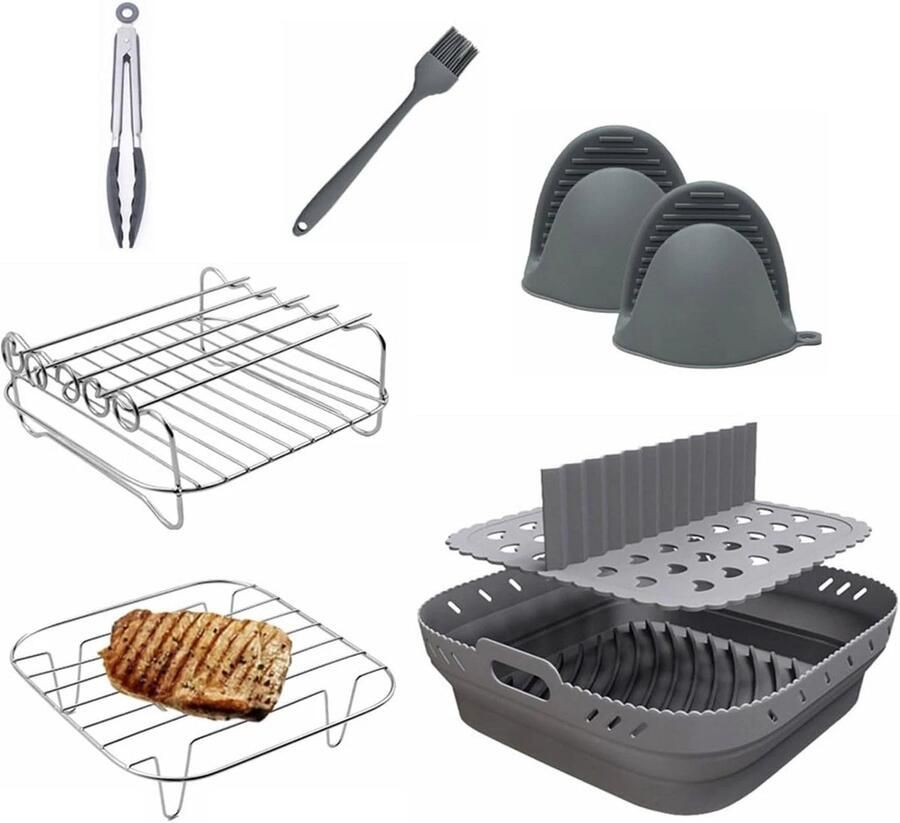 Dnntunk Airfryer Accessoires 8 Stuks Silicone Bakvorm Met RVS Rooster