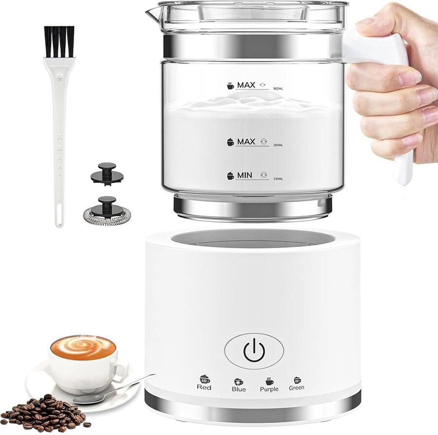 Dnntunk Kitchen Glazen Melkopschuimer Elektrische melkopschuimer Glazen kan & PFAS-vrij Vaatwasserbestendig Wit