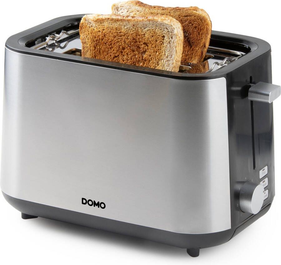 Domo DO9066T Broodrooster 2 Extra Brede Sleuven Ingebouwd Broodjesrek 900W RVS Zwart