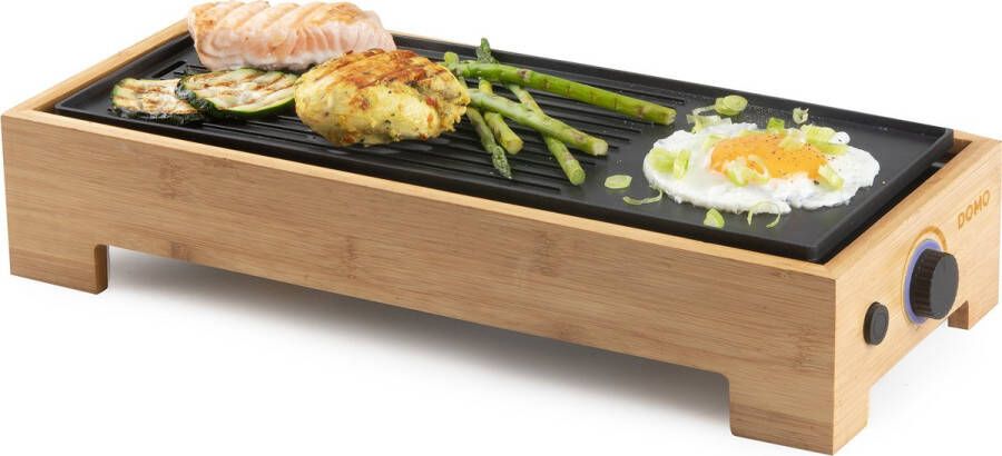 Domo DO9270G Plancha Grill Bamboo Style 'Just Us' – Grillplaat Tafelgrill Gourmet bakplaat voor op tafel 2 personen PFAS Vrij 1000W Bamboe