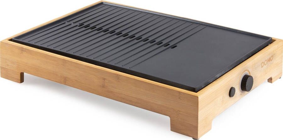 Domo DO9271G Plancha Grill Bamboo Style Grillplaat Tafelgrill Gourmet bakplaat voor op tafel 8 personen PFAS Vrij 1800W Bamboe