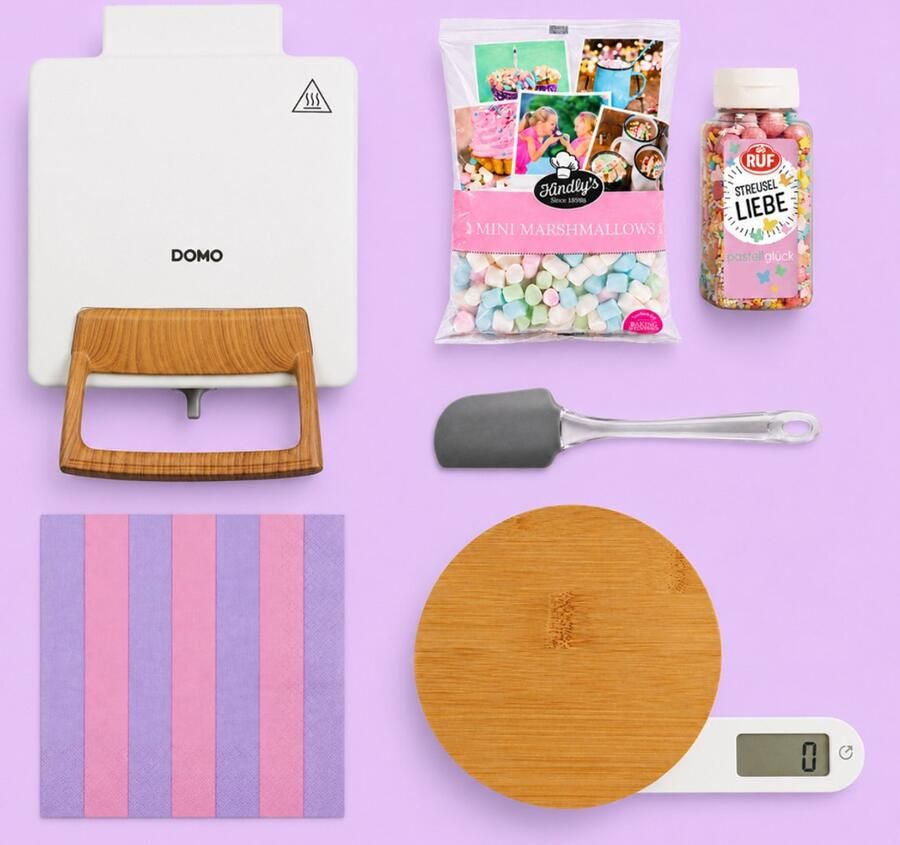 Domo Wafelgeluk Cadeaupakket – DO9274W Wafelijzer Powder White met Weegschaal Marshmallows & Wafelaccessoires - Foto 2